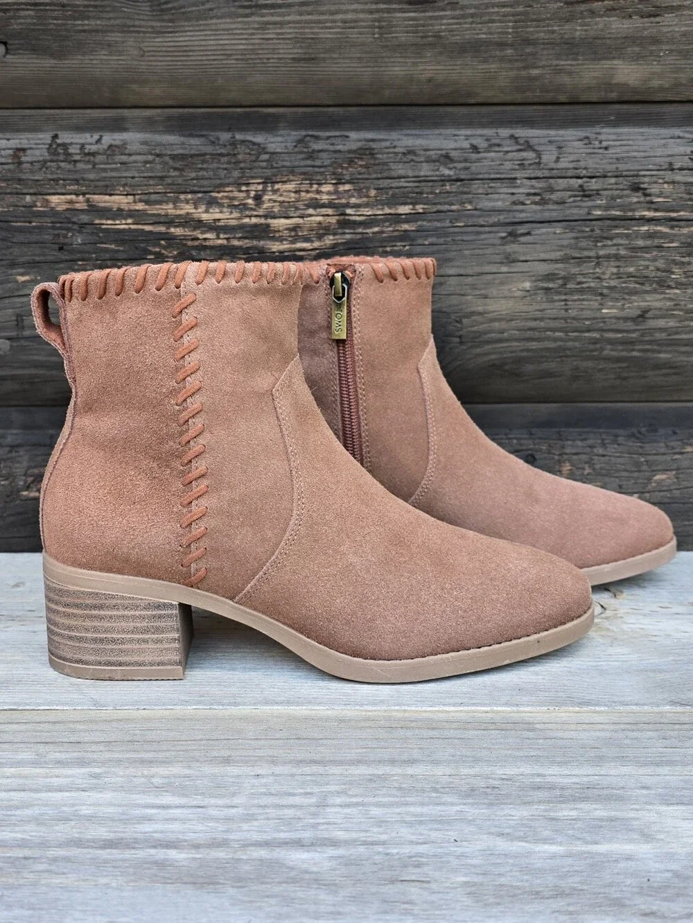 Toms NEW Delilah Western Boho Minimalist Suede Whipstich Block Heel Bootie 6.5M
